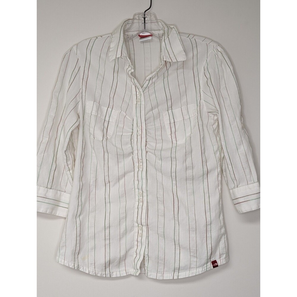The North Face Women's 3/4 Roll Up Sleeve Stripe Shirt Size S Ruched Breast